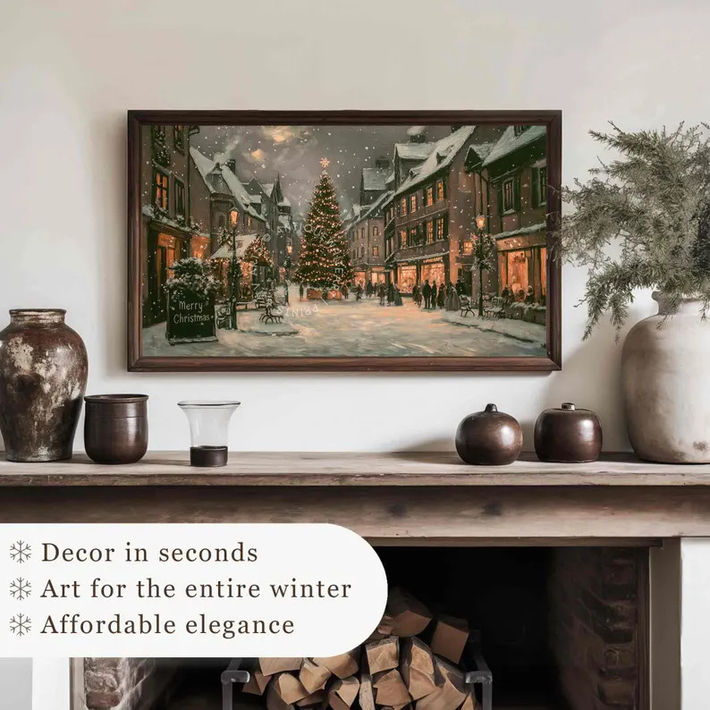 Christmas Tree Frame TV Art, Moody Winter Samsung Frame TV Art, Farmhouse Christmas, Vintage Town... | Etsy (US)