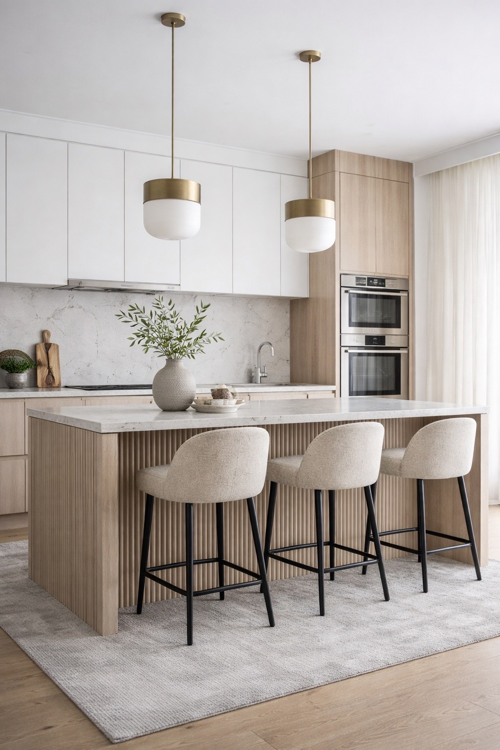 Bright modern kitchen featuring a light wood island, soft upholstered counter stools and stylish brass pendant lighting. Neutral tones, natural textures and minimalist design create a warm and sophisticated space perfect for everyday living and modern home inspiration.

Hashtags
#modernkitchen
#kitcheninspiration
#minimalistkitchen
#kitchendesign
#kitchenisland
#modernhome
#interiordesign
#homedecor
#pinteresthome
#kitchenstyle
#neutraldecor
#luxurykitchen
#moderninterior
#ltkhome
#homeinspo