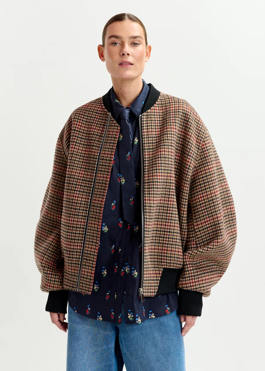 Brown, red and black checked wool bomber jacket | Essentiel Antwerp United States | Essentiel Antwerp
