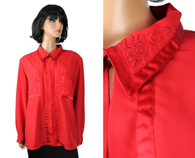 Vintage Secretary Blouse 20W 2X XXL Red Embroidered Dress Shirt Satin Trim  | eBay | eBay US