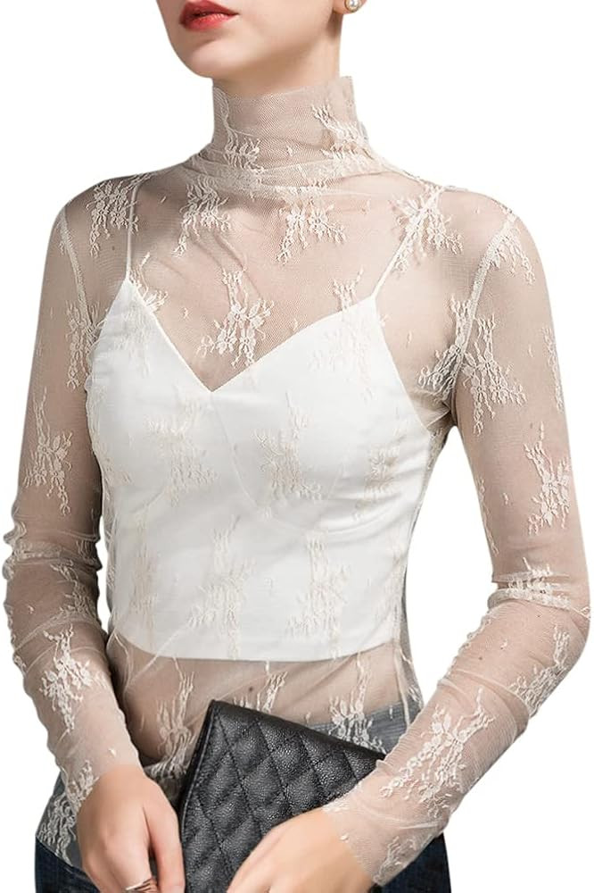 Minetom Damen Sexy Mesh Spitze Oberteile Langarm Durchsichtige T-Shirt Rollkragen Transparent Tü... | Amazon (DE)