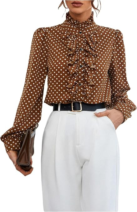 Floerns Women's Polka Dots Long Sleeve Ruffle Business Casual Blouses Tops | Amazon (US)