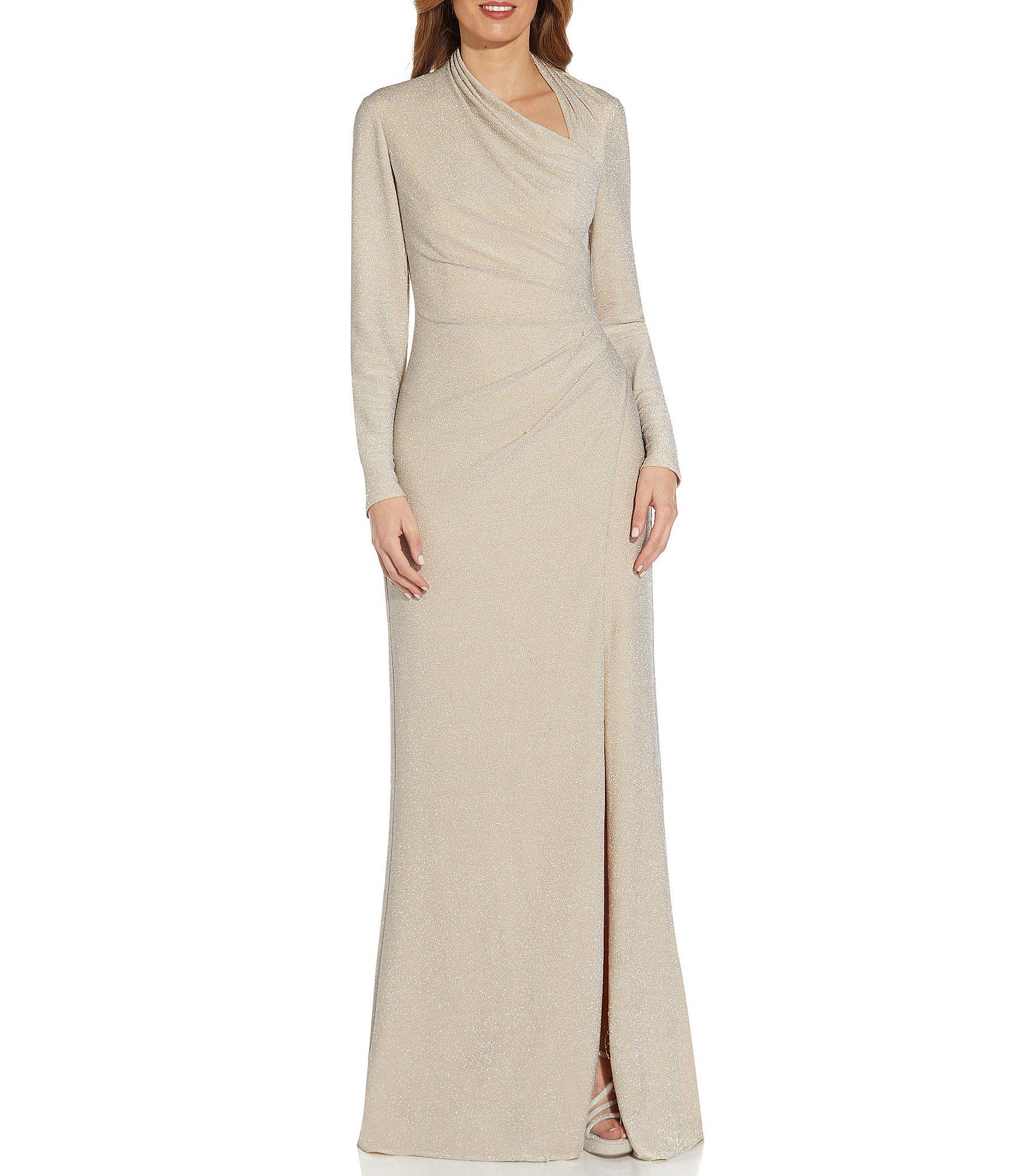 Metallic Knit Long Sleeve Asymmetric Neck Ruched Front Slit Gown | Dillards