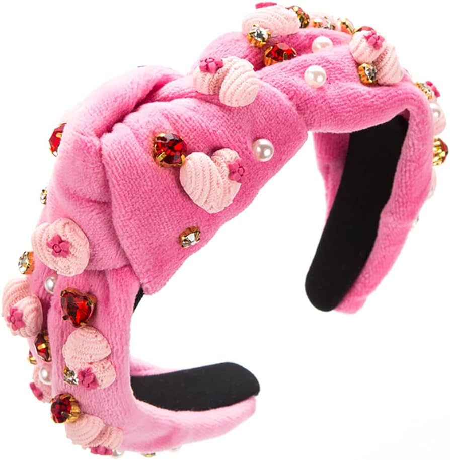 Cusprtm Valentine's Day Headband for Women Girls, Pink Heart Headband Rhinestone Pearl Embellishe... | Amazon (US)