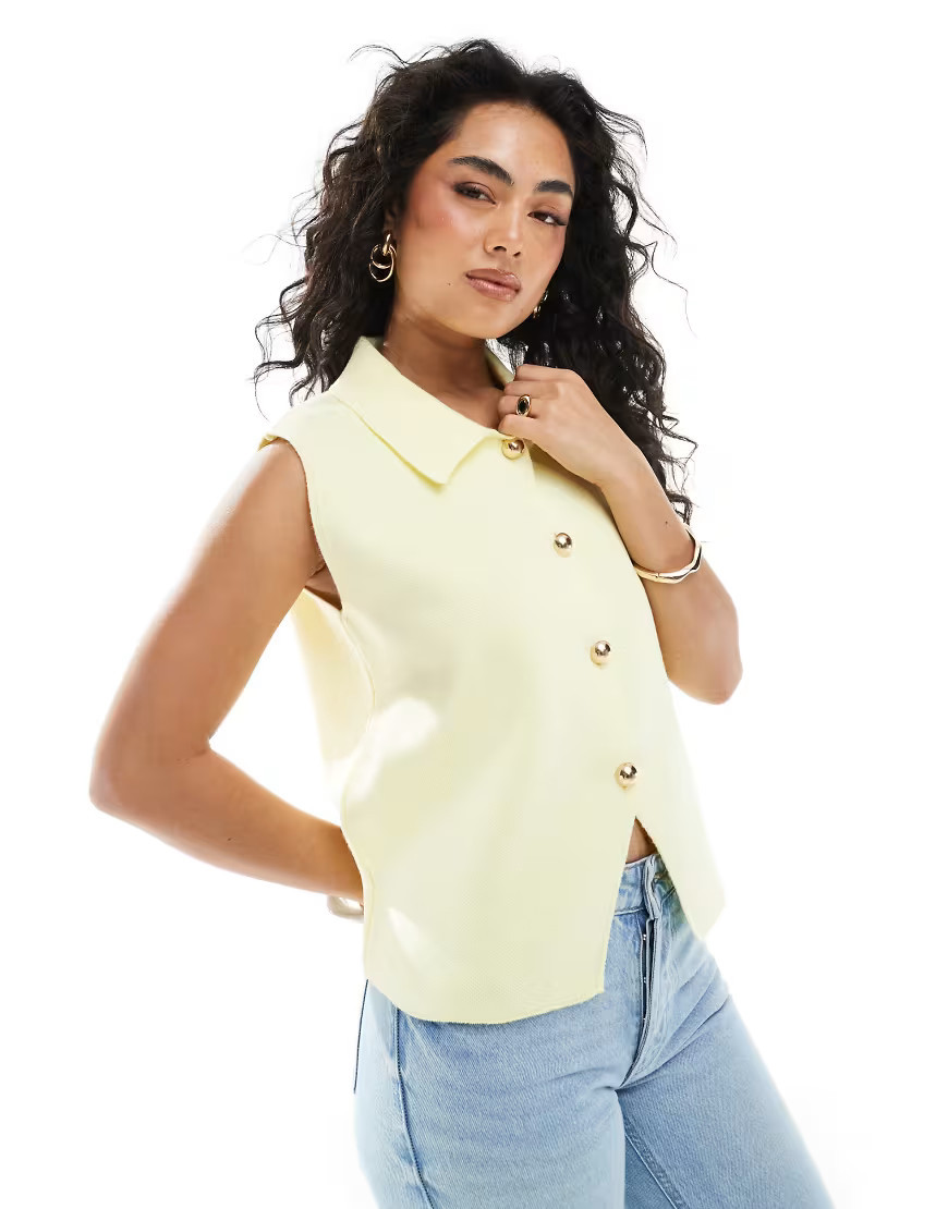 ASOS DESIGN compact knit waistcoat with collar in buttermilk yellow | ASOS (Global)