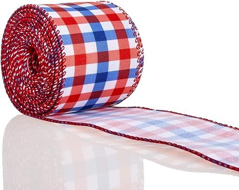ATRBB Red White Blue Buffalo Plaid Ribbon Wired Edge Gingham Ribbon for Patriotic Holiday Decorat... | Amazon (US)