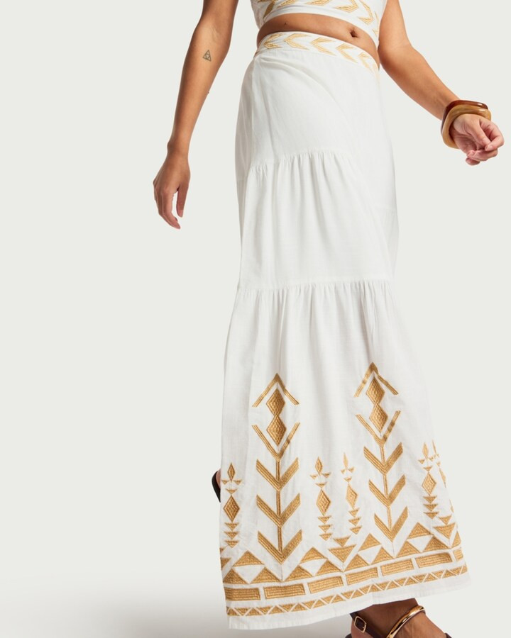 F&F Cotton Rich Embroidered Tiered Co-ord Midi Skirt in Cream | Tesco F&F