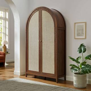 Calista Walnut Brown 79 in. Wide Rattan Arched Accent Storage Cabinet with 6 Shelves | The Home Depot