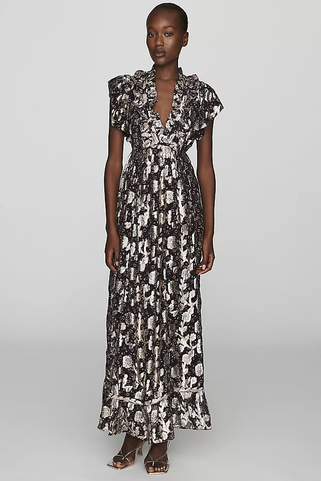 Maeve Metallic Flutter-Sleeve Maxi Dress | Anthropologie (US)