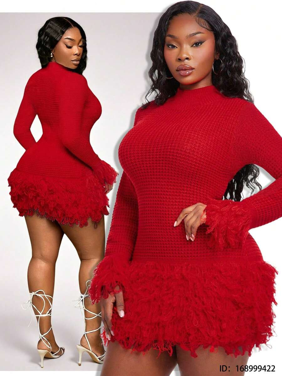 Radiana Plus Size Women's New Fall/Winter Long Sleeve Fringe Mini Bodycon Knit Sweater Dress Y2k ... | SHEIN