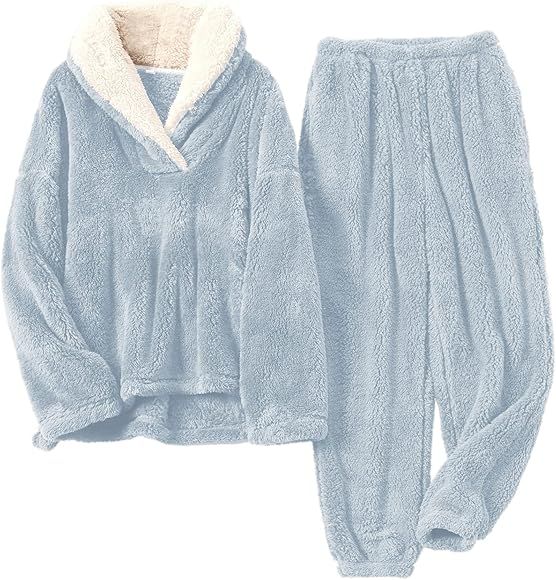 SeeLuNa Womens Fluffy Pajamas Set Fleece Pullover Pants Oversized Plush Sleepwear | Amazon (US)
