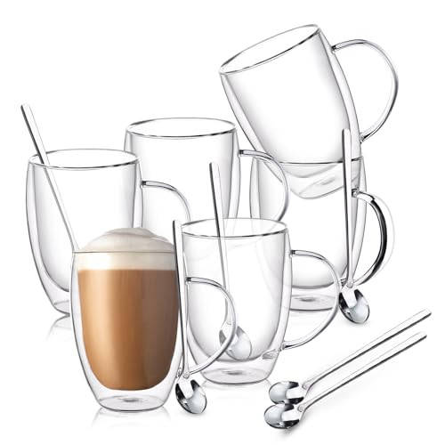 FULGNU Double Wall Glass Coffee Mugs, 12 Oz Clear Coffee Mugs with Handle, Insulated Glass Coffee Mugs Set of 6, Perfect for Espresso, Cappuccino, Latte, Americano, Tea Bag, Beverage | Amazon (US)