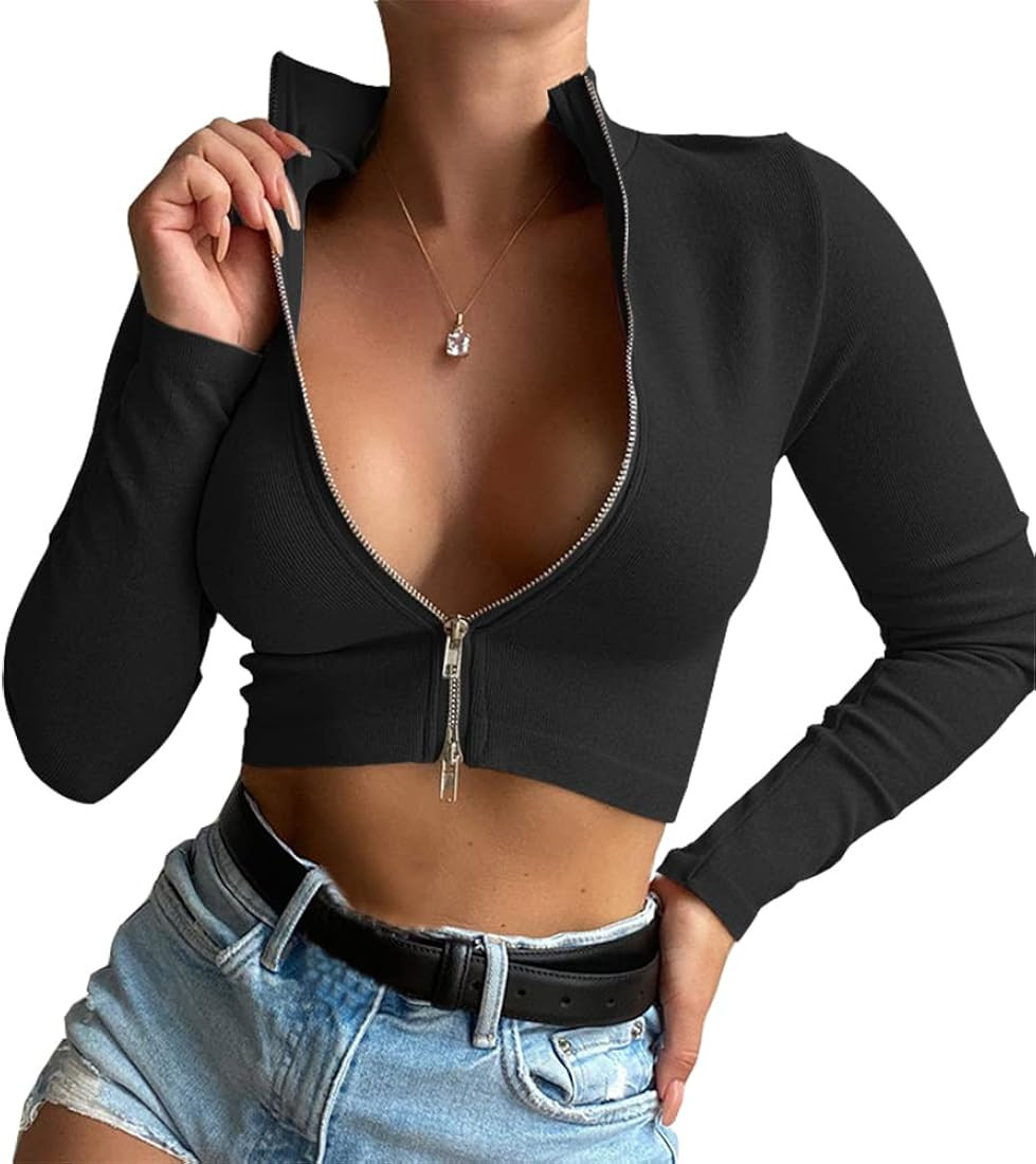 Artfish Women Long Sleeve Turtleneck Ribbed Crop Top Zipper Sexy Cropped Fitted Shirts | Amazon (US)