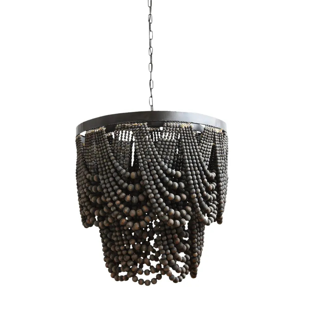 Dark Brown Boho Metal and Wood Beaded Chandelier | Chairish