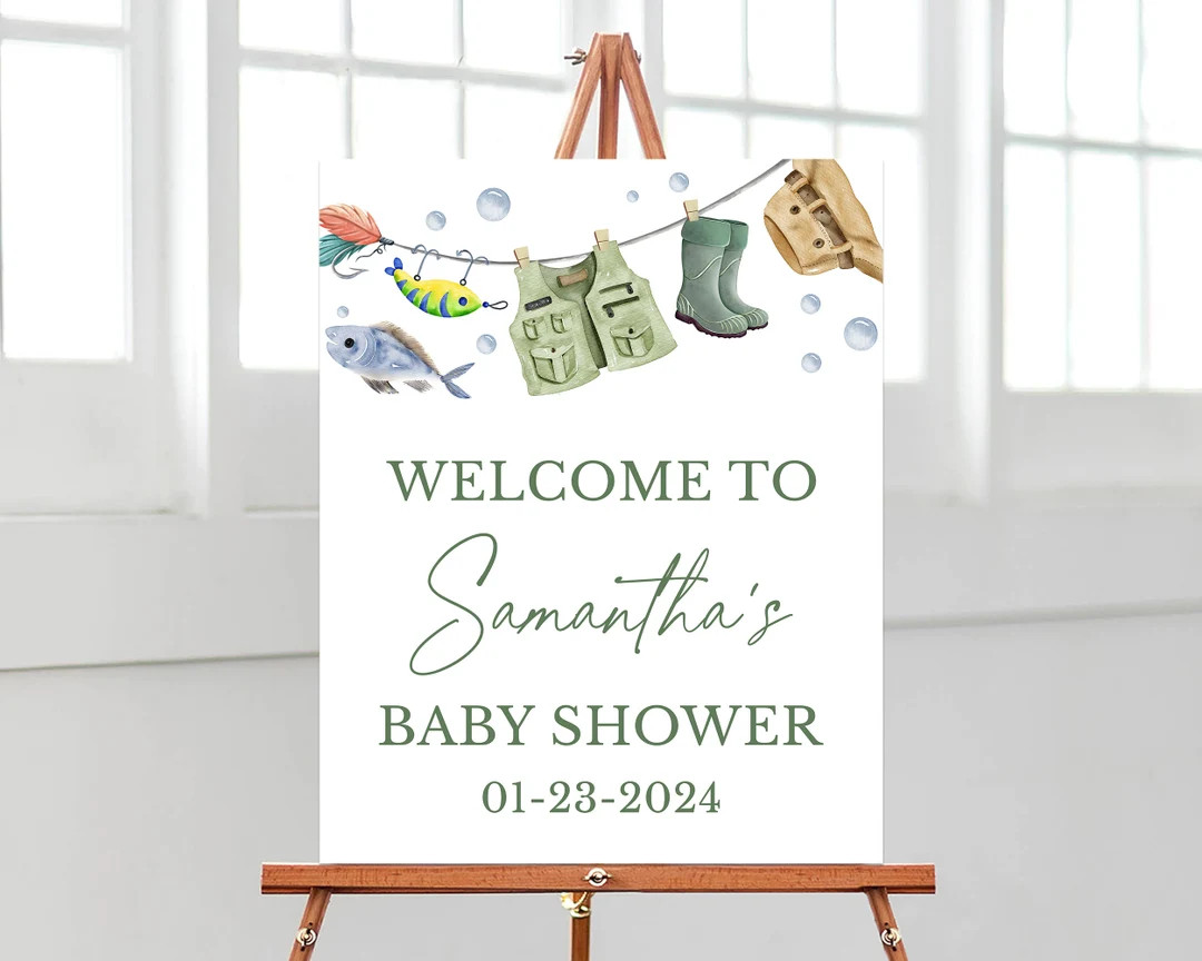 Editable A Little Fisherman Baby Shower Welcome Sign, Boy Fishing Baby Shower Poster, Green Fishi... | Etsy (US)