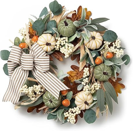 Valery Madelyn 20 inch Door Wreaths Fall Decorations for Home Farmhouse Pumpkin Wreath with Bow f... | Amazon (US)