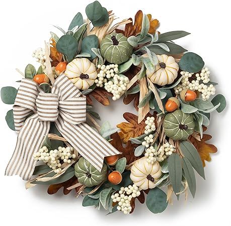 Valery Madelyn 20 inch Door Wreaths Fall Decorations for Home Farmhouse Pumpkin Wreath with Bow f... | Amazon (US)
