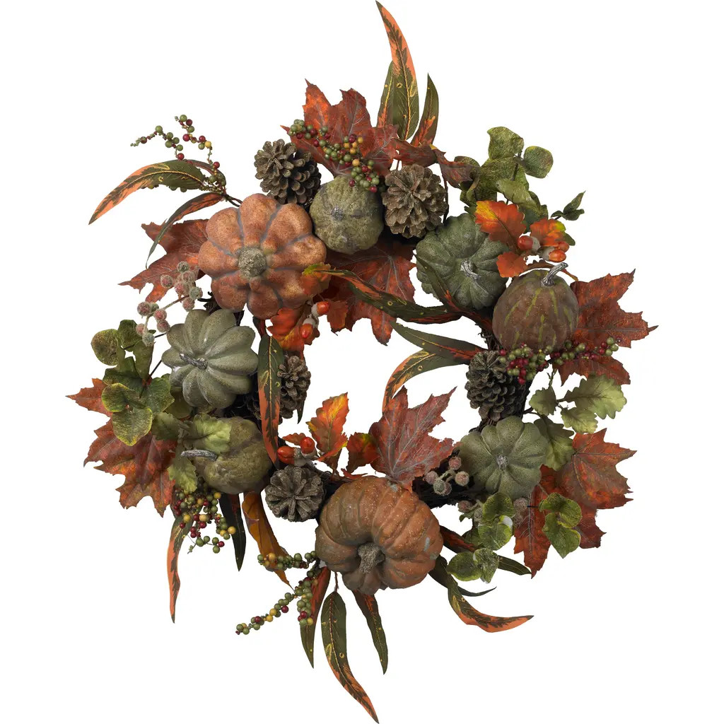 NEARLY NATURAL 24-in Pumpkin & Gourd Wreath in Green/orange at Nordstrom | Nordstrom