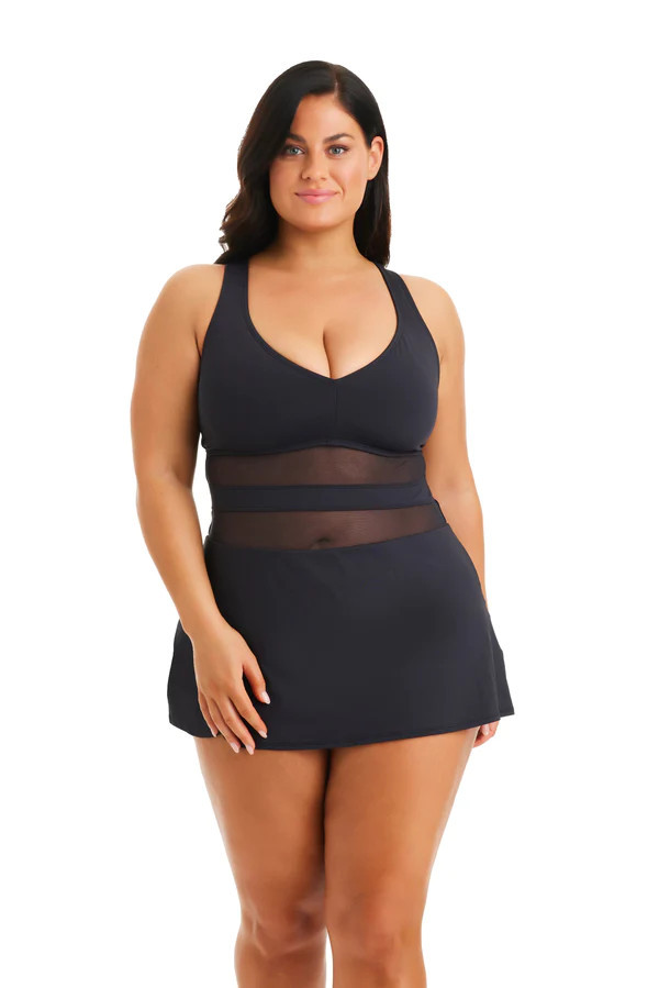Don't Mesh With Me Cross Back Mesh Skirted One Piece Swimsuit Plus | Bleu Rod Beattie