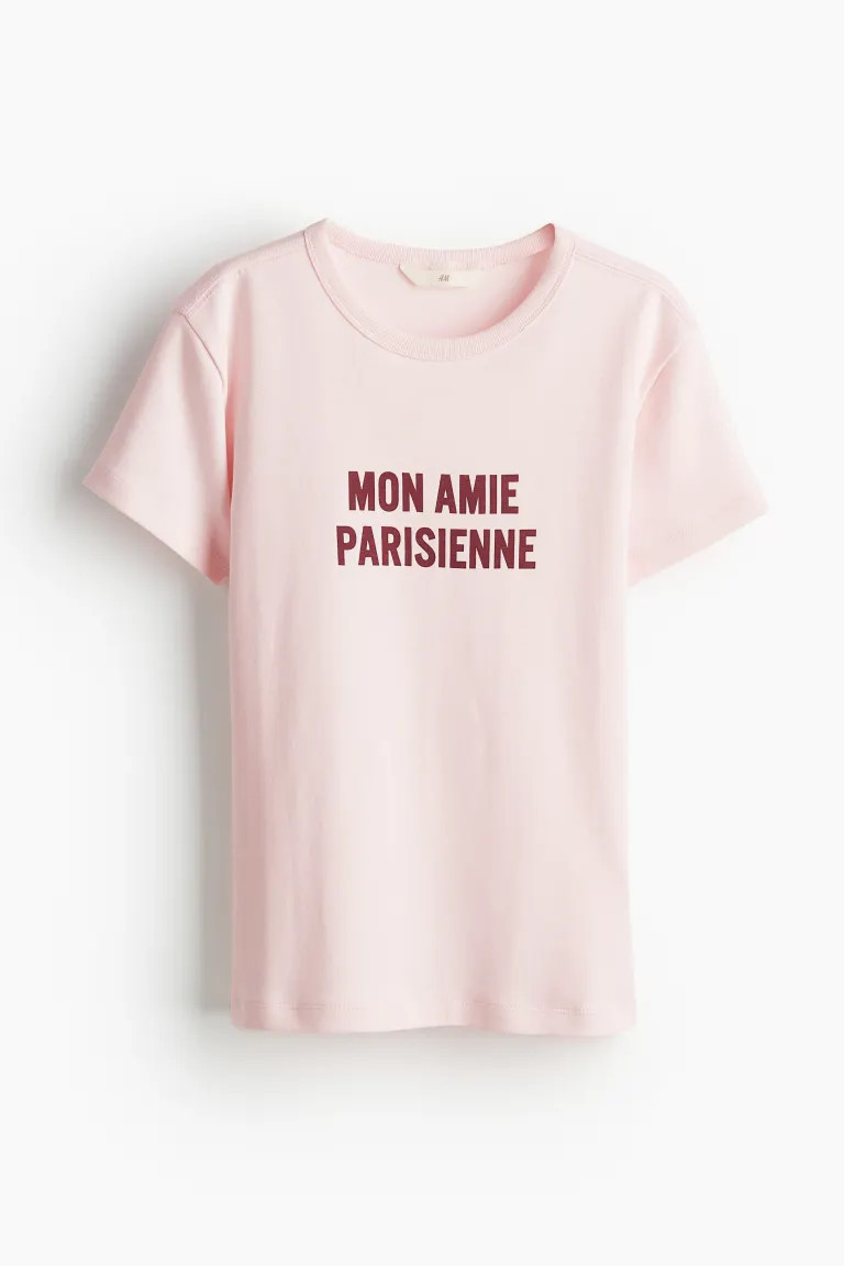 Figurbetontes T-Shirt - Rundausschnitt - Kurzarm - Hellrosa/Mon Amie - Ladies | H&M DE | H&M (DE, AT, CH, NL, FI)