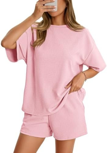 Aoysky Short Sets for Women Waffle Knit 2 Piece Lounge Set Loose Fit Short Sleeve Tops and Shorts... | Amazon (US)