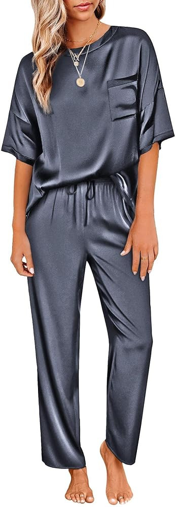 Ekouaer Womens Satin Silky Pajama Set Short Sleeve Shirt with Long Pajama Pant Set ... | Amazon (US)