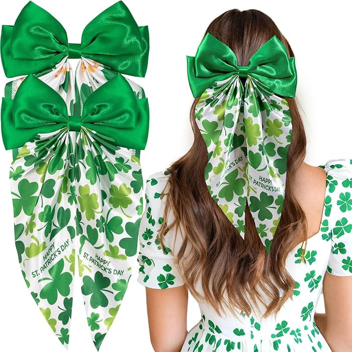 OAOLEER 2PCS St. Patrick's Day Hair Bows for Women 8 Inch Green Satin Layered Hair Clips with Lon... | Amazon (US)