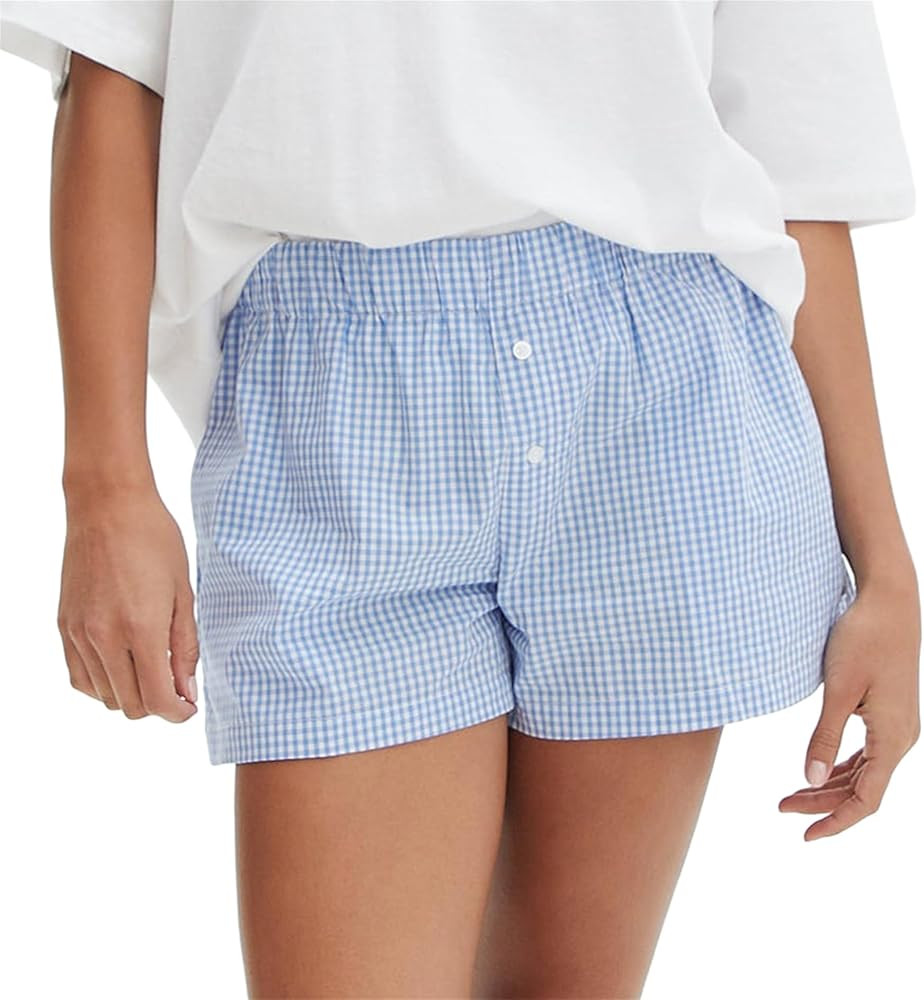 Women Y2k Plaid Shorts Stripes Elastic Waist Wide Leg Botton Gingham Boxer Lounge Shorts Cute Goi... | Amazon (US)