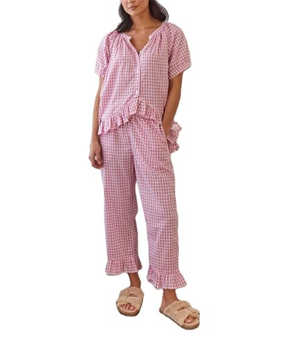 SOOKABEILA Women Y2k Pajama Set Plaid Puff Sleeve Button Down Ruffle Top and Wide Leg Gingham Pants 2 Piece Lounge Pj Set (Red, S) | Amazon (US)