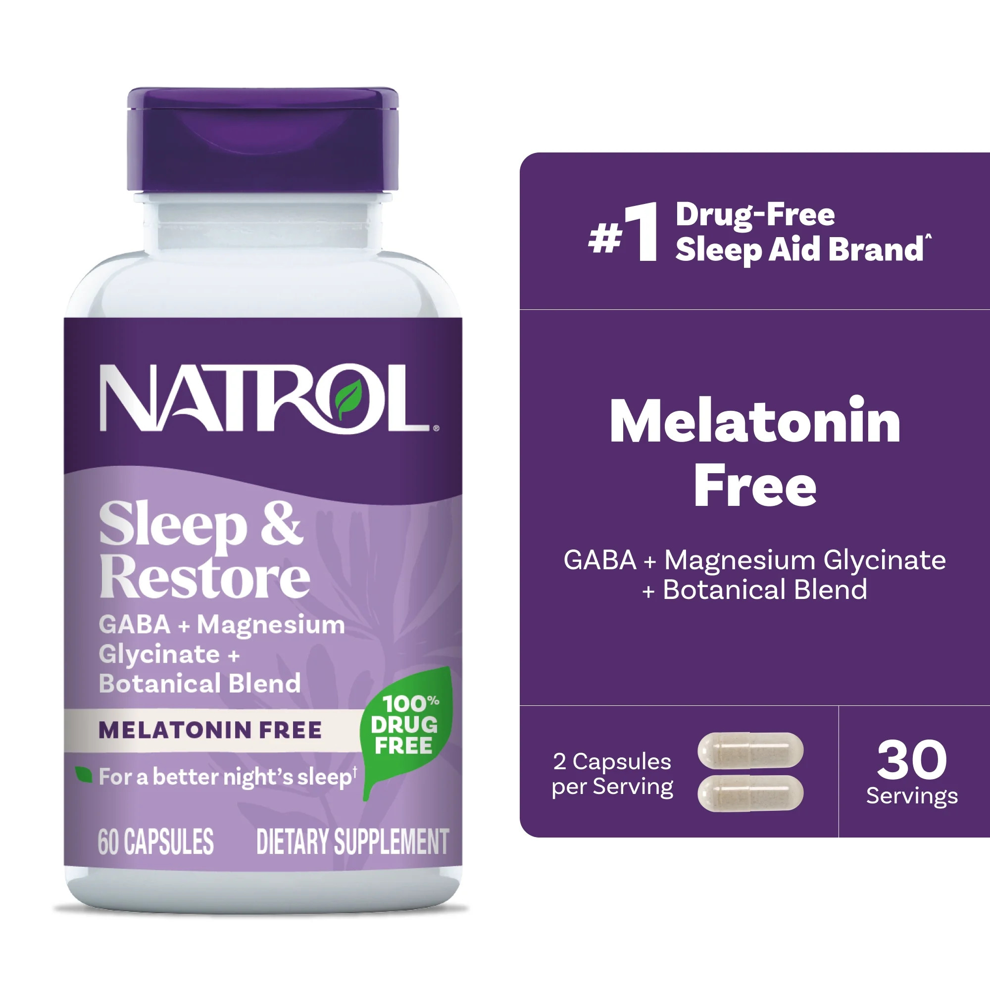 Natrol Sleep & Restore with GABA and Magnesium Glycinate, Melatonin-Free Supplement, 60 Capsules | Walmart (US)