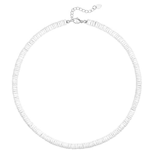 POTESSA White Puka Shell Necklace for Women Hawaiian Beachy Beaded Pooka Necklace Smooth Shell Chip Surfer Jewelry | Amazon (US)