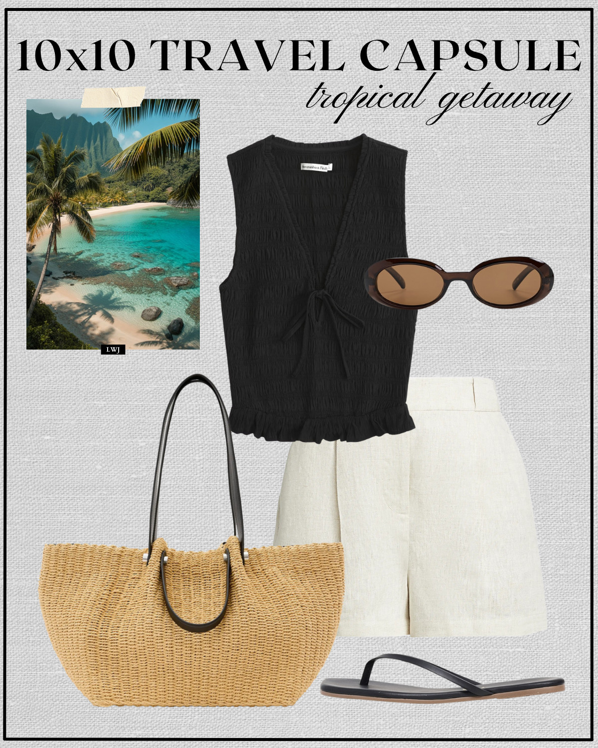 tropical getaway outfit 

vneck black top / beige linen tailored shorts / black tkees sandals / straw tote / sunglasses / beach outfit / casual outfit  

 #LTKSeasonal #LTKTravel