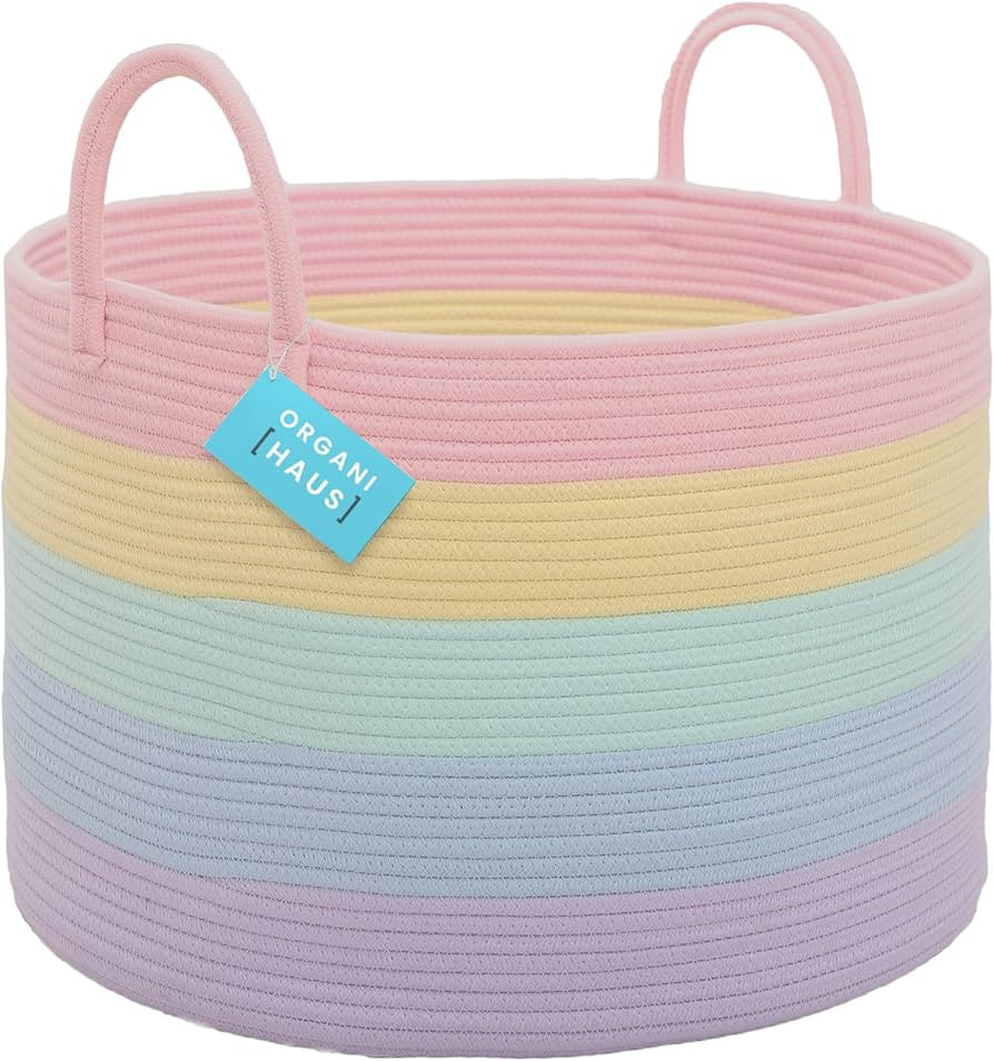 OrganiHaus Cute Basket for Pastel Rainbow Classroom Decor 20x13, Toy Basket Storage for Kids Room... | Amazon (US)