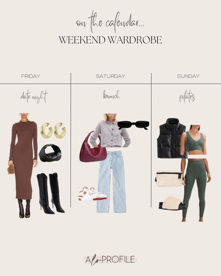 Weekend Wardrobe // weekend outfits, weekend style, date night look, brunch outfit, brunch dress, Pilates outfit, athleisure, what to wear this weekend, fall style, fall dresses