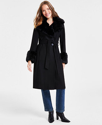 Women's Faux-Fur-Trim Belted Wrap Coat | Macy's