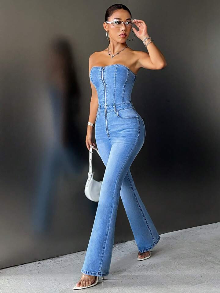 SHEIN ICON Zip Up Flare Leg Tube Denim Jumpsuit | SHEIN