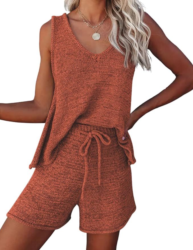 Ekouaer Womens Summer Knit Pajama Set 2 Piece Outfits V-Neck Sleeveless Tank Top and Drawstring S... | Amazon (US)