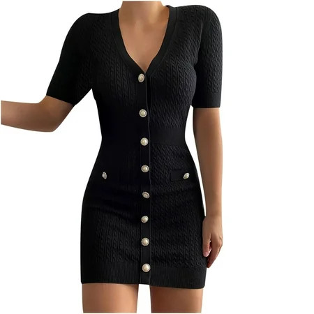 Women Elegant Short Sleeve Bodycon Dresses Fashion Cable Knit V Neck Button Solid Sweater Dress Mini | Walmart (US)