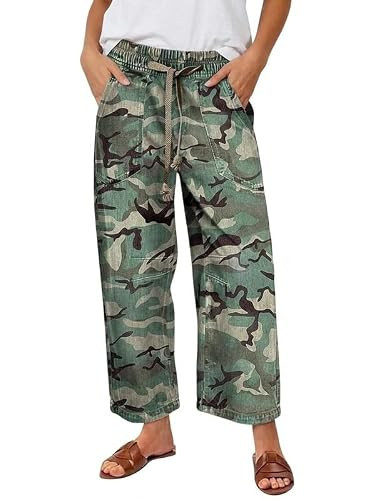 yoeasy Women's Wide Leg Jeans Camo Print Elastic Drawstring Barrel Leg Casual Cropped Denim Pants with Pockets (Medium, Camo) | Amazon (US)