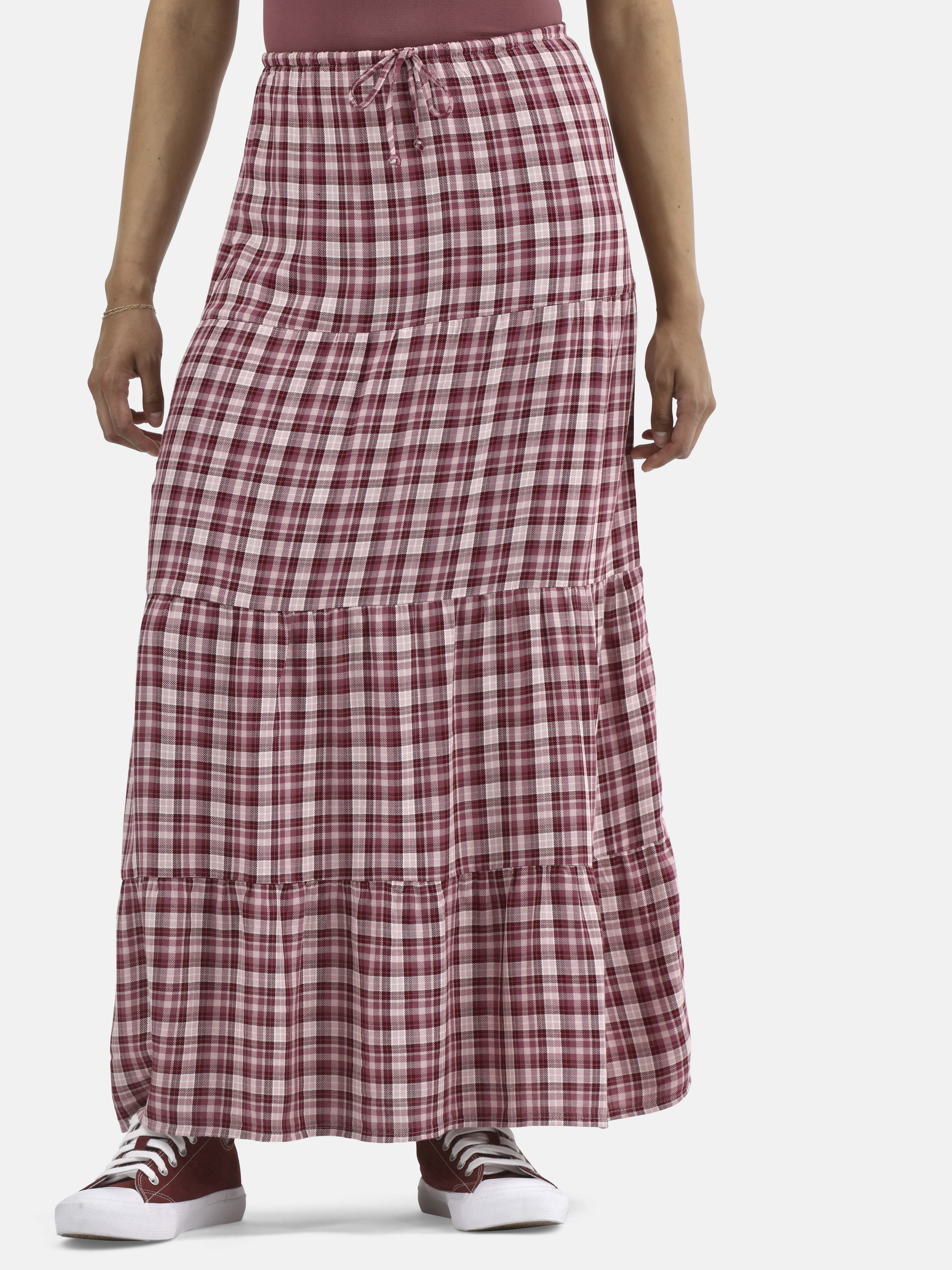 No Boundaries Woven Plaid Tiered Maxi Skirt, Women's | Walmart (US)