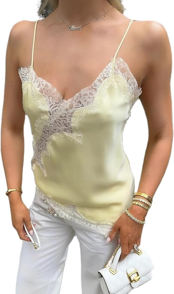 Women Lace Trim Satin Tank Top V Neck Silk Camisole Tops Asymmetrical Backless Spaghetti Strap Ta... | Amazon (US)