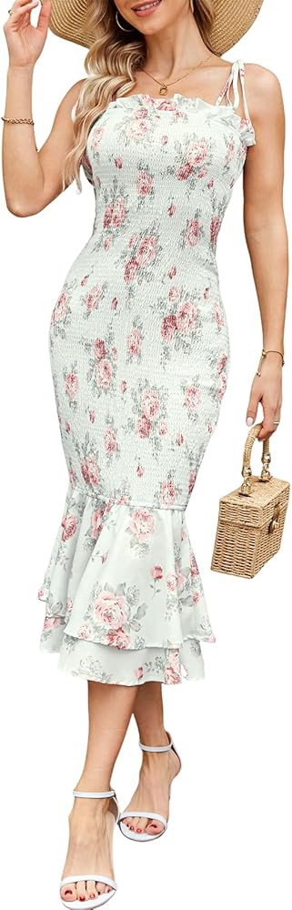 GRACE KARIN Women's 2024 Summer Floral Smocked Sundress Midi Bodycon Sleeveless Ruffle Hem Casual... | Amazon (US)