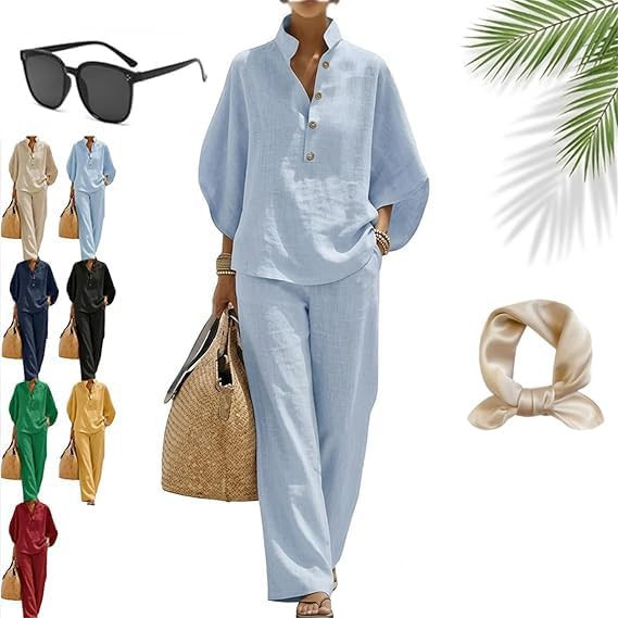 Women's Batwing Sleeve Linen Cotton Two Piece Set - 2026 New Casual Shirt and Wide Leg Pants Outf... | Amazon (US)