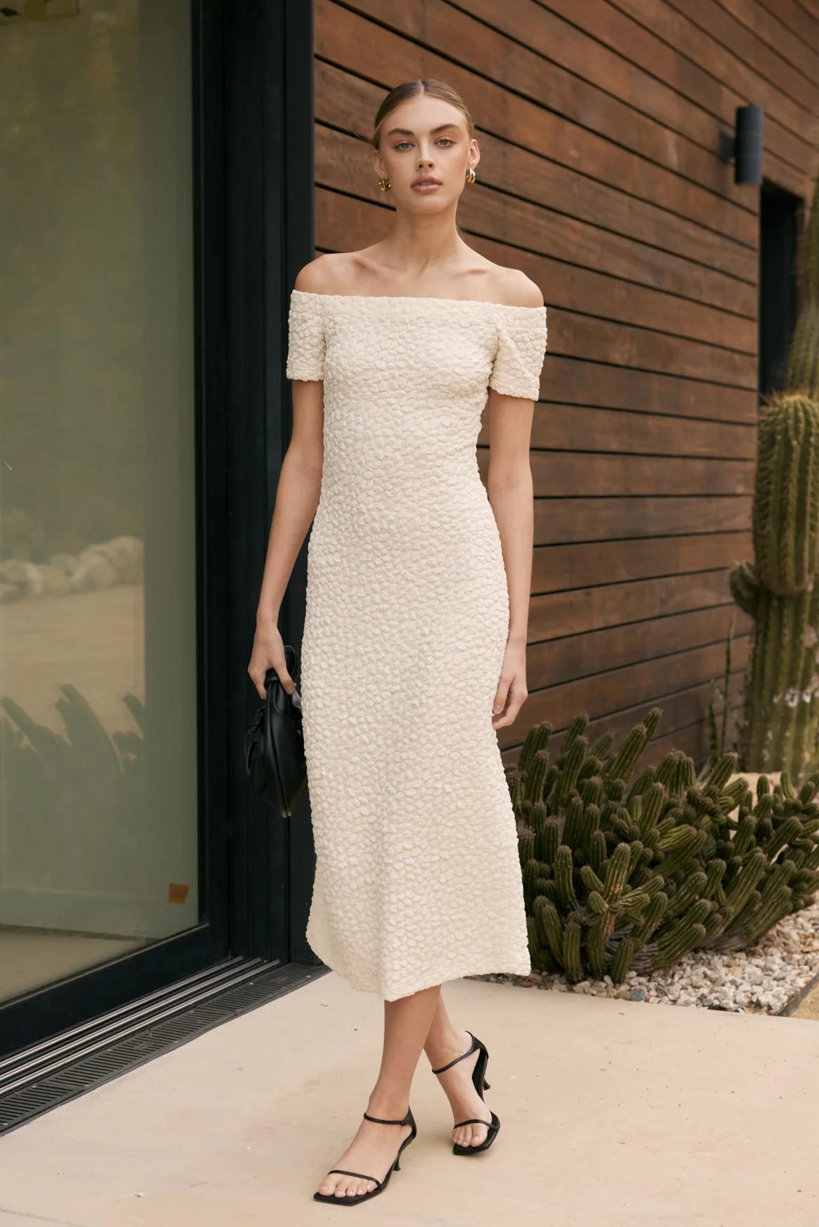 Off-Shoulder Bouclé Knit Midi Dress | English Factory