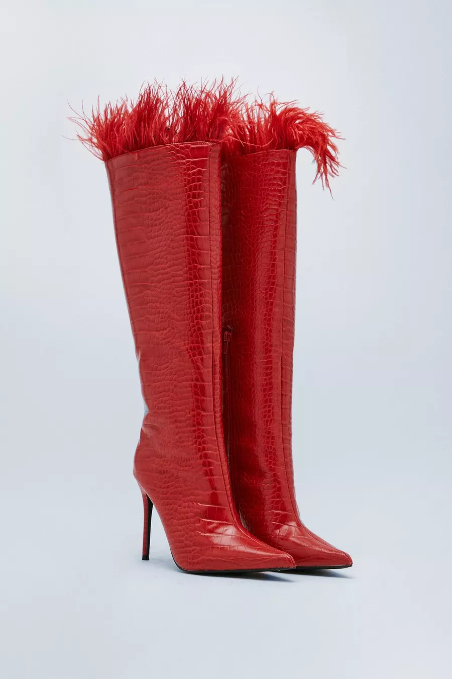 Faux Croc Feather Trim Knee High Boots | Nasty Gal (US)