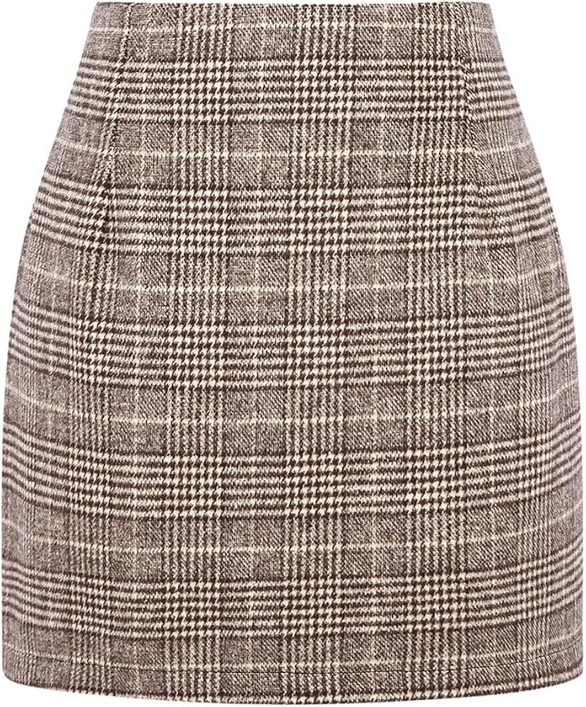 Amazon.com: Womens Wool Plaid Mini Skirt Fall Winter High Waisted Bodycon Pencil Skirt (Coffee Ne... | Amazon (US)