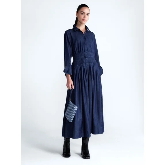 Free Assembly Women's and Women's Plus Belted Smocked Waist Denim Midi Shirtdress, Sizes XS-4X | Walmart (US)