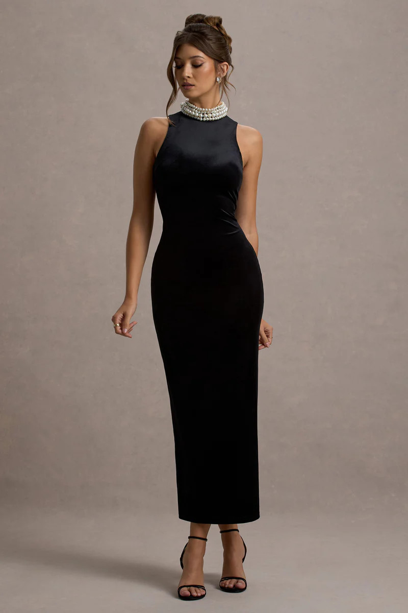 Audrine  Black Velvet Embellished High-Neck Maxi Dress | Club L London