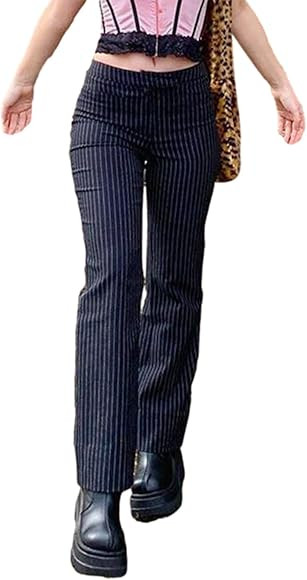 Women 's Striped Pants Casual Mid Waist Straight Pants Vintage Y2k Skinny Trousers Fashion Slim P... | Amazon (US)