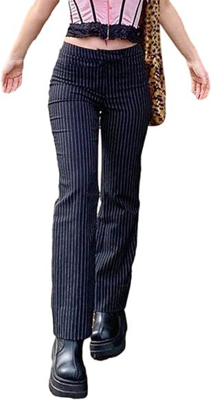 Women 's Striped Pants Casual Mid Waist Straight Pants Vintage Y2k Skinny Trousers Fashion Slim P... | Amazon (US)